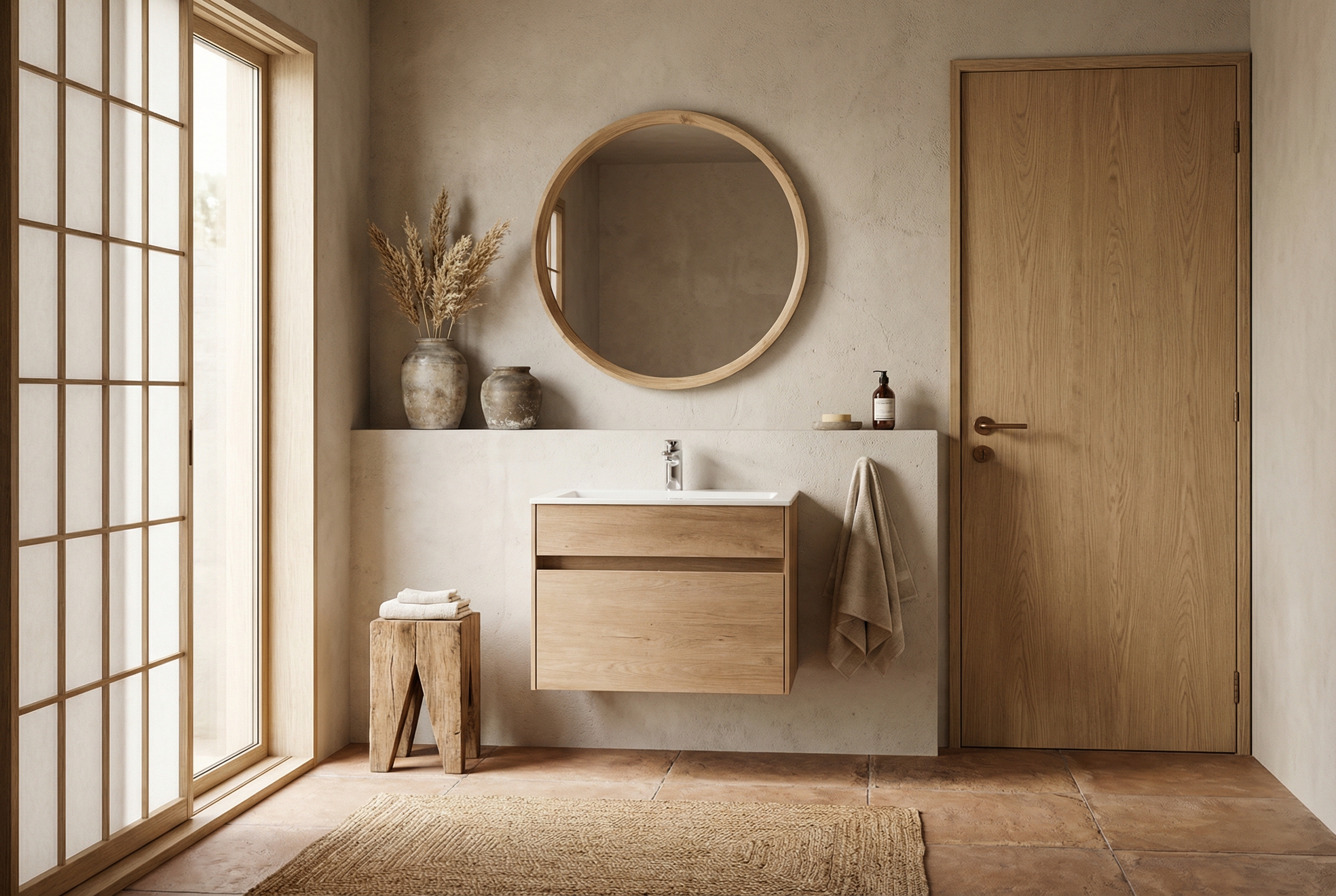 Дизайн ванной в стиле Japandi — фото интерьера от нейросети RoomGPT