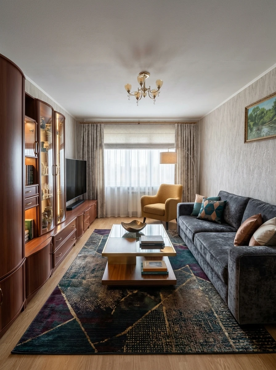 Дизайн гостиной в стиле Эклектика — фото интерьера от нейросети RoomGPT