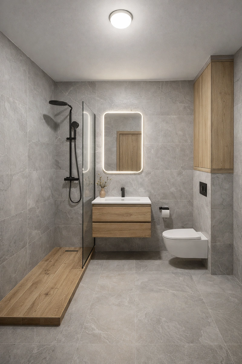 Дизайн ванной в стиле Japandi — фото интерьера от нейросети RoomGPT