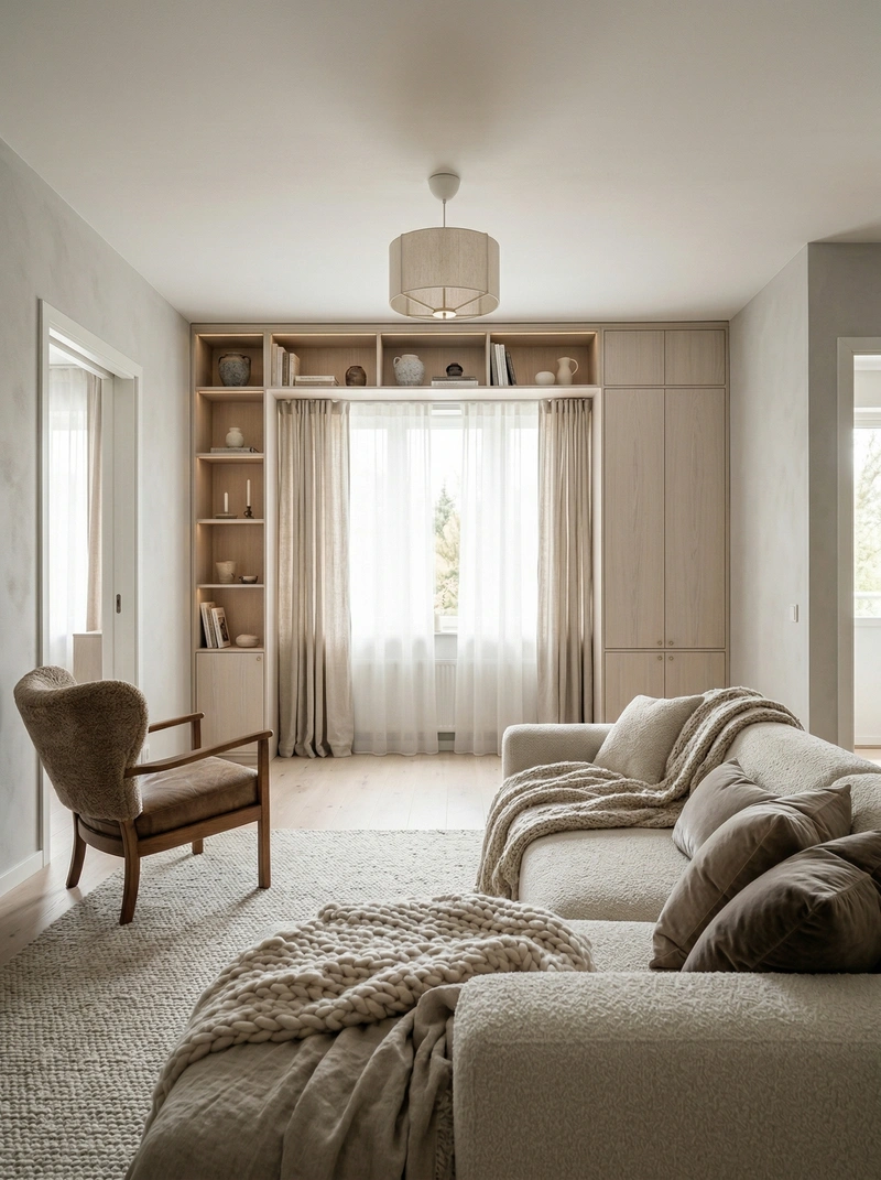 Дизайн гостиной в стиле Хюгге — фото интерьера от нейросети RoomGPT