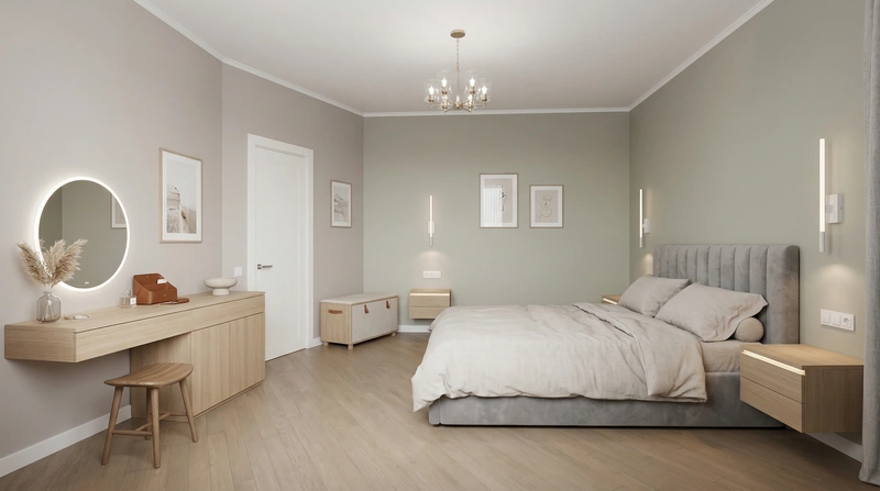 Дизайн спальни в стиле Сканди — фото интерьера от нейросети RoomGPT