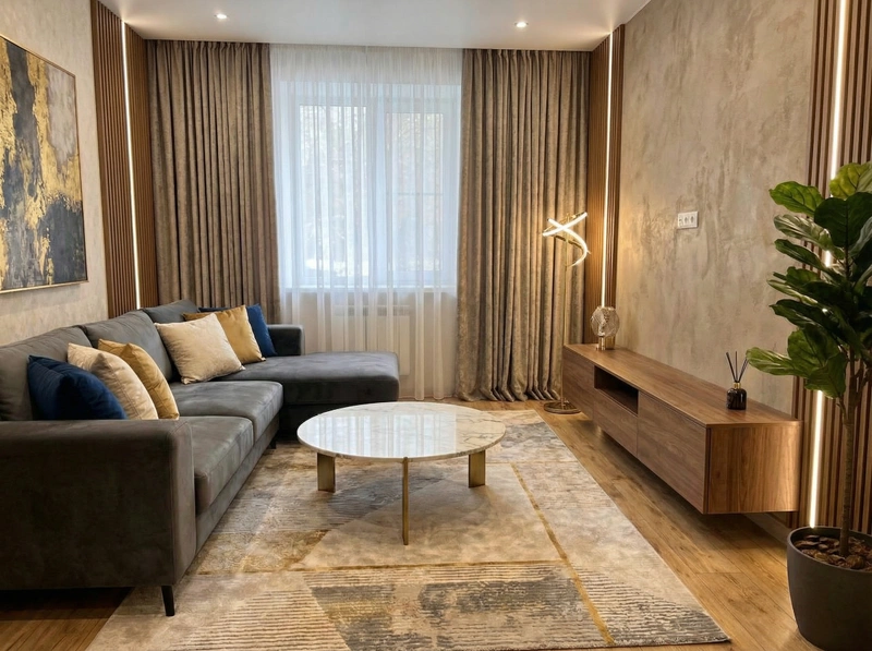 Дизайн интерьера в стиле Контемпорари — Гостиная от нейросети RoomGPT