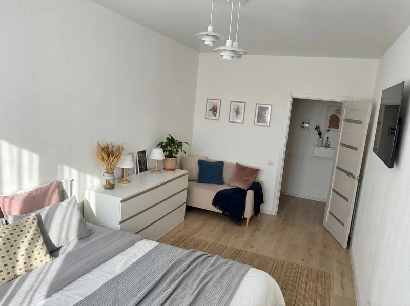 Дизайн спальни в стиле Сканди — фото интерьера от нейросети RoomGPT