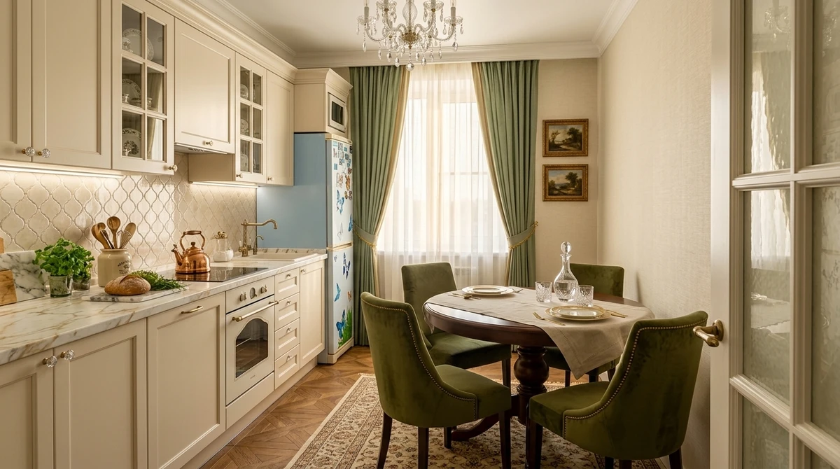 Дизайн кухни в стиле Классика — фото интерьера от нейросети RoomGPT
