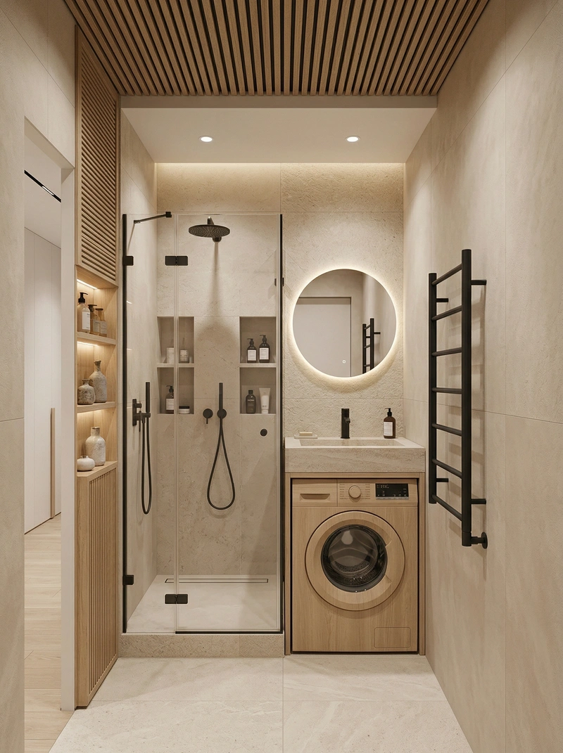 Дизайн ванной в стиле Japandi — фото интерьера от нейросети RoomGPT