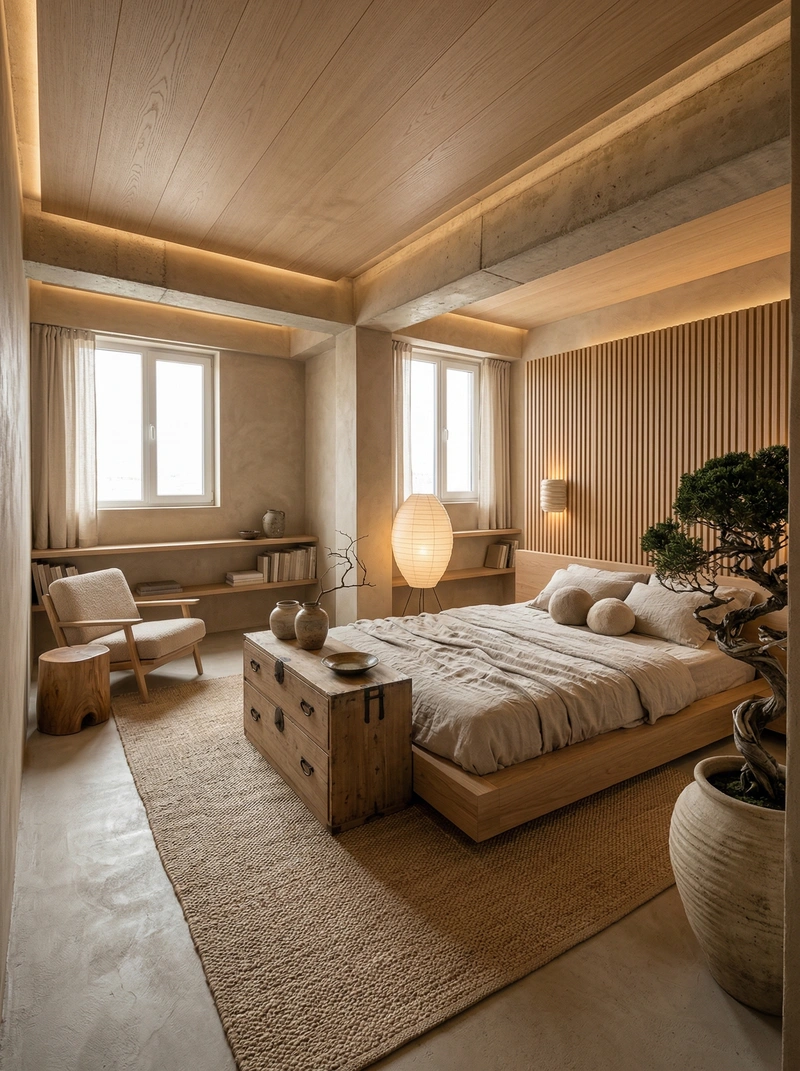 Дизайн спальни в стиле Japandi — фото интерьера от нейросети RoomGPT