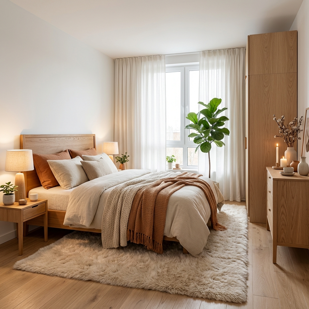 Дизайн спальни в стиле Хюгге — фото интерьера от нейросети RoomGPT