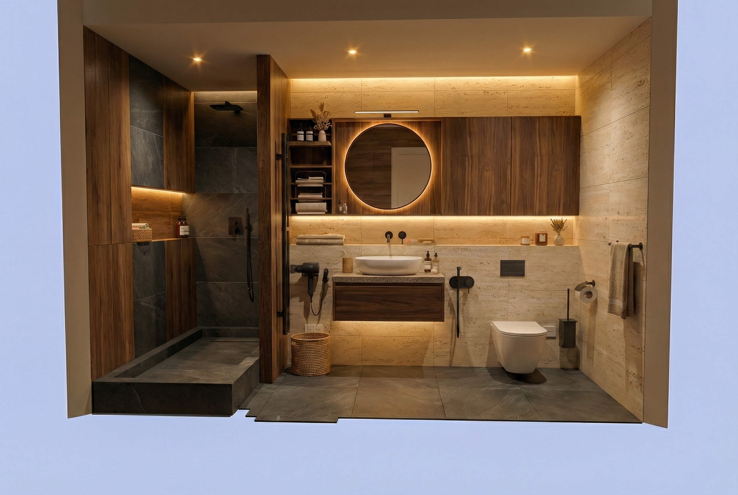 Дизайн ванной в стиле Japandi — фото интерьера от нейросети RoomGPT