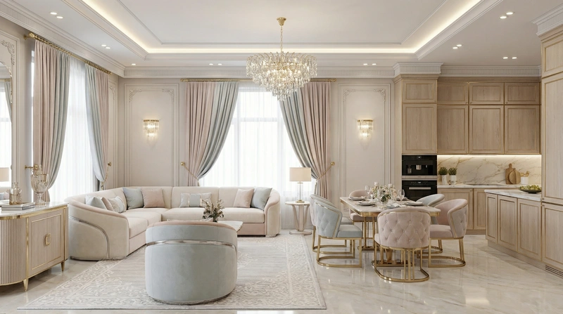 Дизайн интерьера в стиле Неоклассика — Гостиная от нейросети RoomGPT