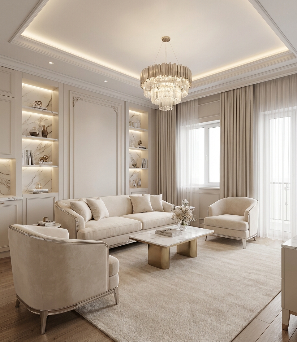 Дизайн гостиной в стиле Классика — фото интерьера от нейросети RoomGPT
