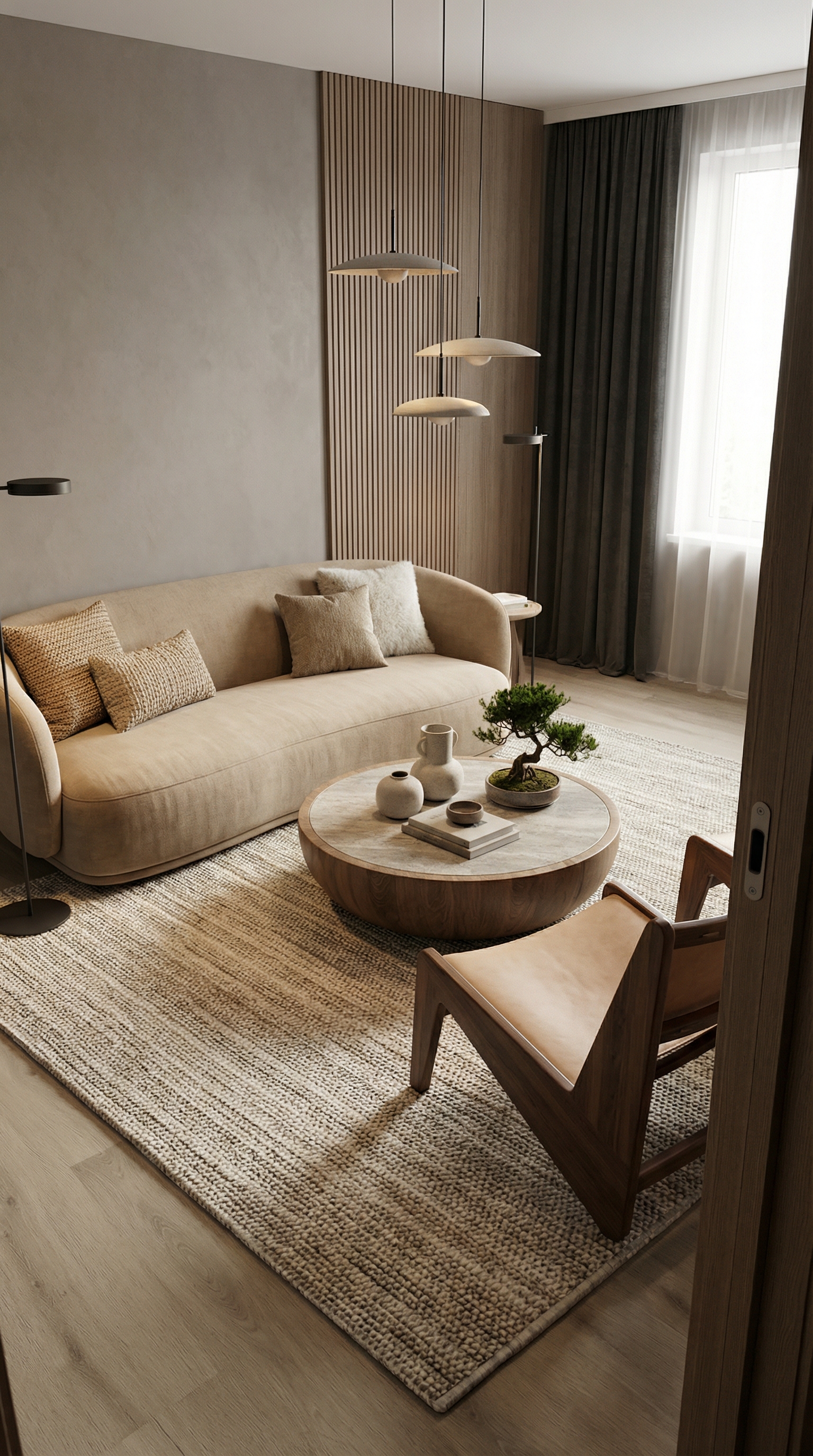 Дизайн гостиной в стиле Japandi — фото интерьера от нейросети RoomGPT