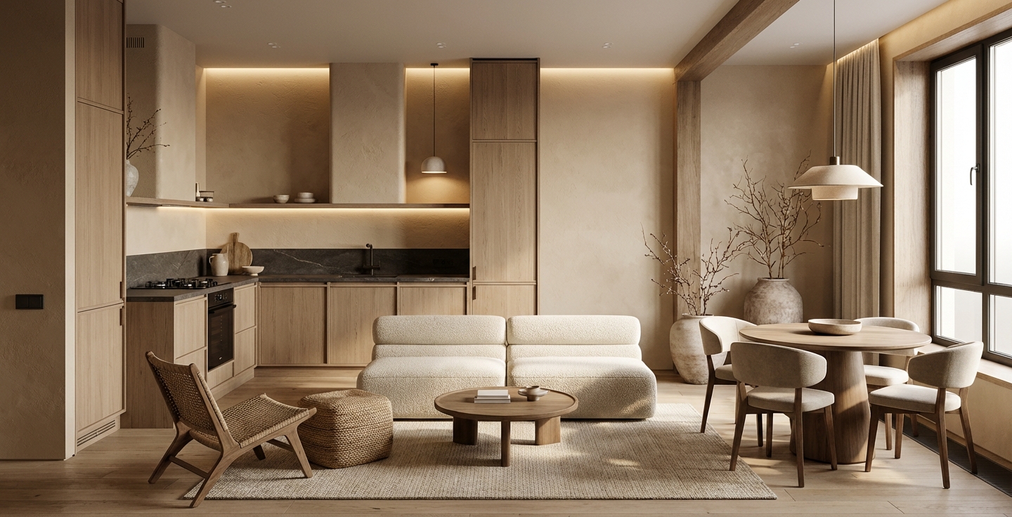 Дизайн гостиной в стиле Japandi — фото интерьера от нейросети RoomGPT