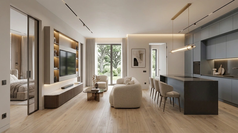 Дизайн интерьера в стиле Контемпорари — Гостиная от нейросети RoomGPT