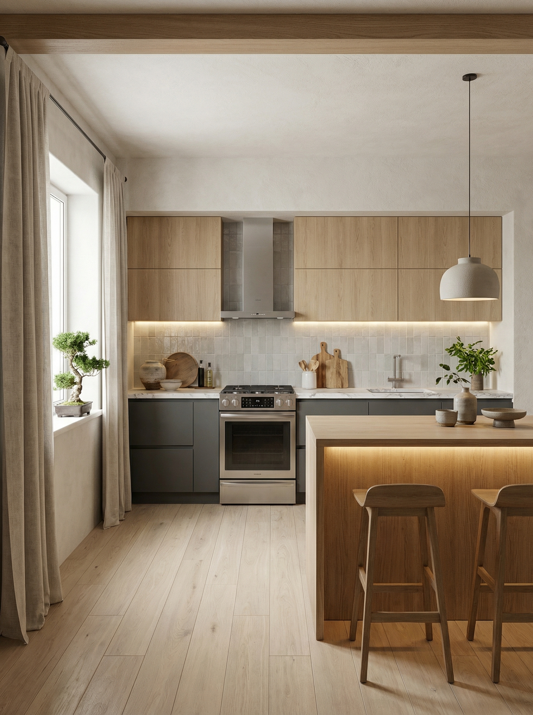 Дизайн кухни в стиле Japandi — фото интерьера от нейросети RoomGPT