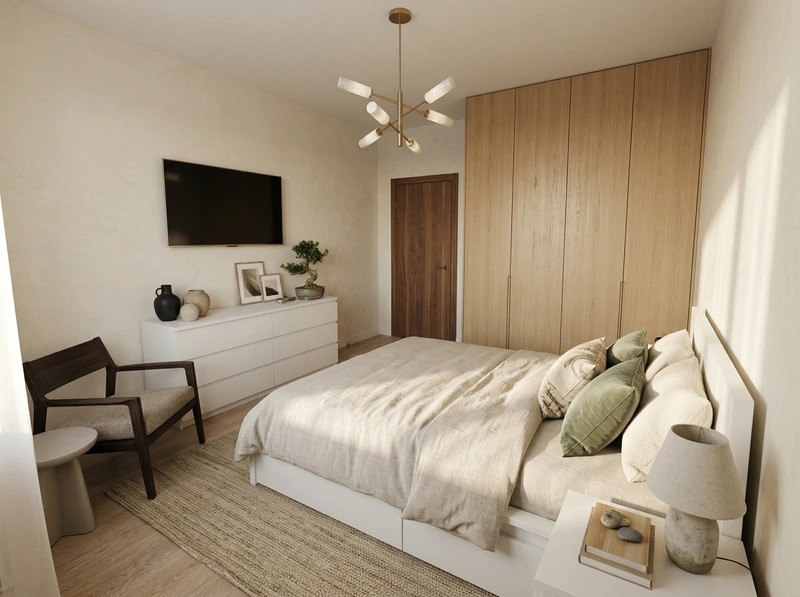 Дизайн спальни в стиле Japandi — фото интерьера от нейросети RoomGPT