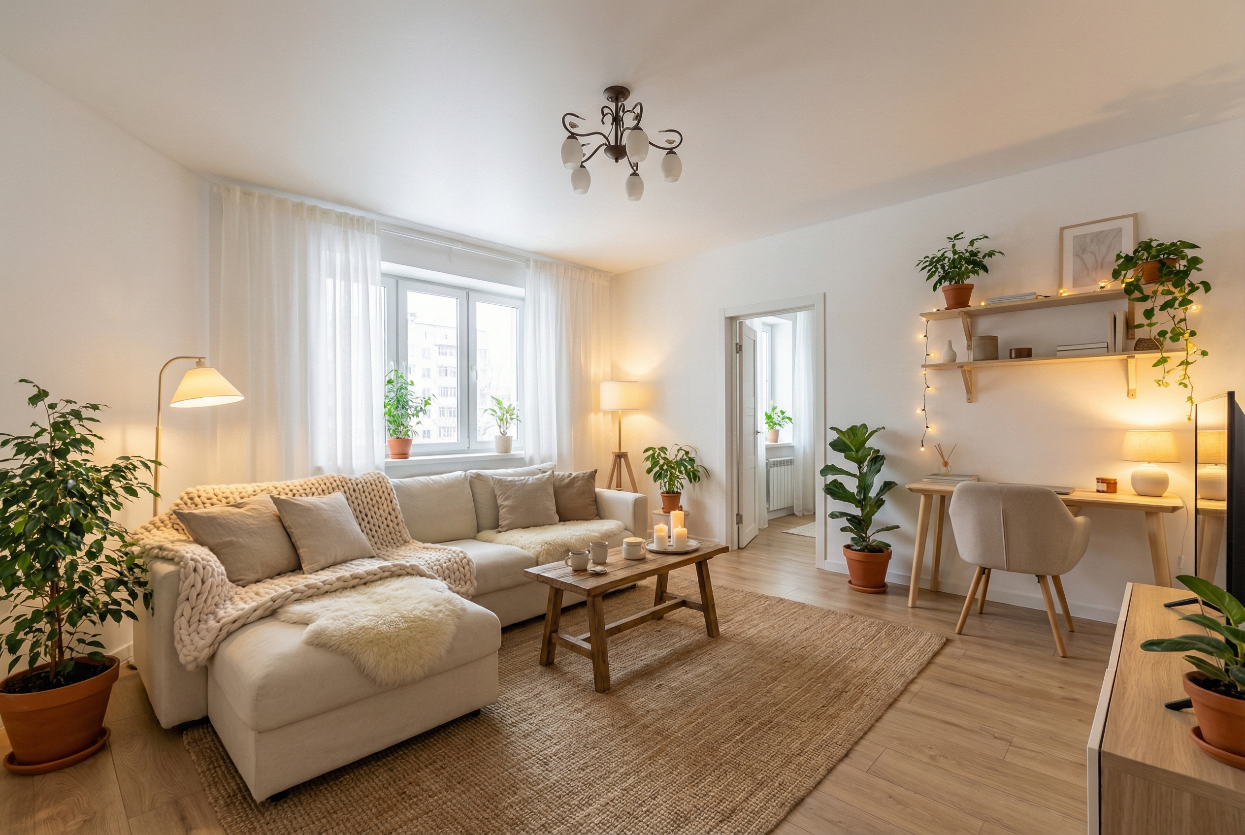 Дизайн гостиной в стиле Хюгге — фото интерьера от нейросети RoomGPT