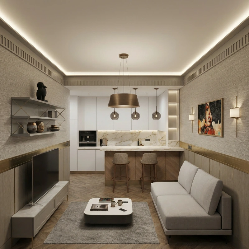 Дизайн гостиной в стиле Контемпорари — фото интерьера от нейросети RoomGPT