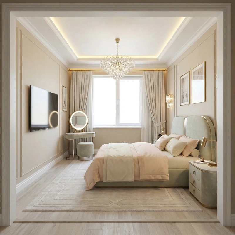 Дизайн спальни в стиле Неоклассика — фото интерьера от нейросети RoomGPT