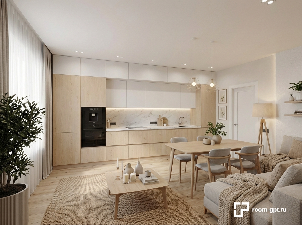 Дизайн гостиной в стиле Хюгге — фото интерьера от нейросети RoomGPT