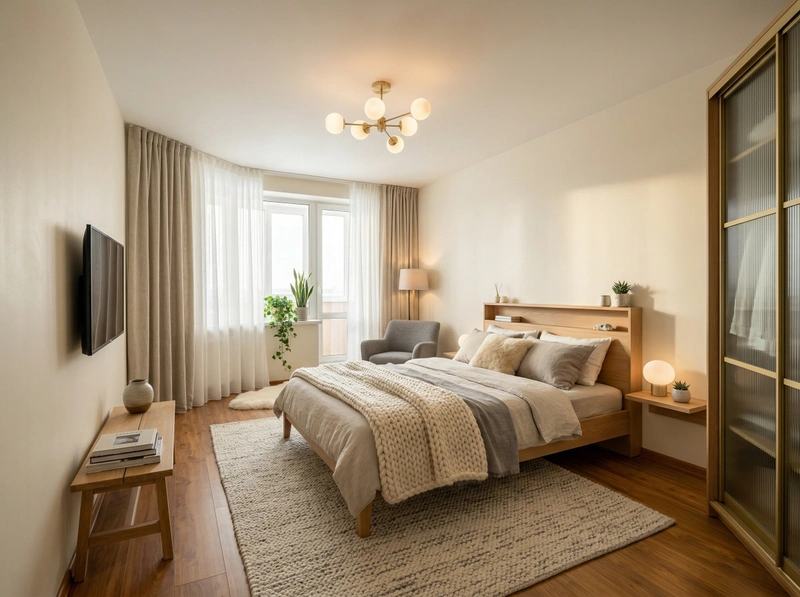 Дизайн спальни в стиле Хюгге — фото интерьера от нейросети RoomGPT