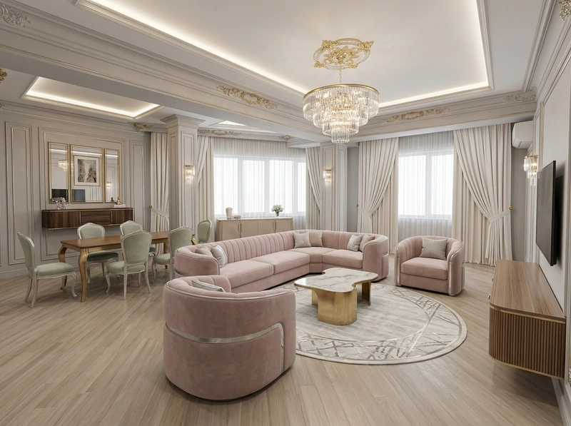 Дизайн гостиной в стиле Неоклассика — фото интерьера от нейросети RoomGPT