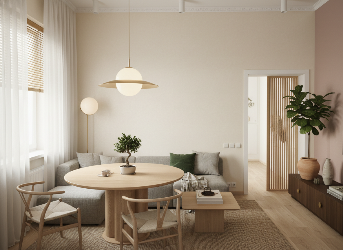 Дизайн гостиной в стиле Japandi — фото интерьера от нейросети RoomGPT