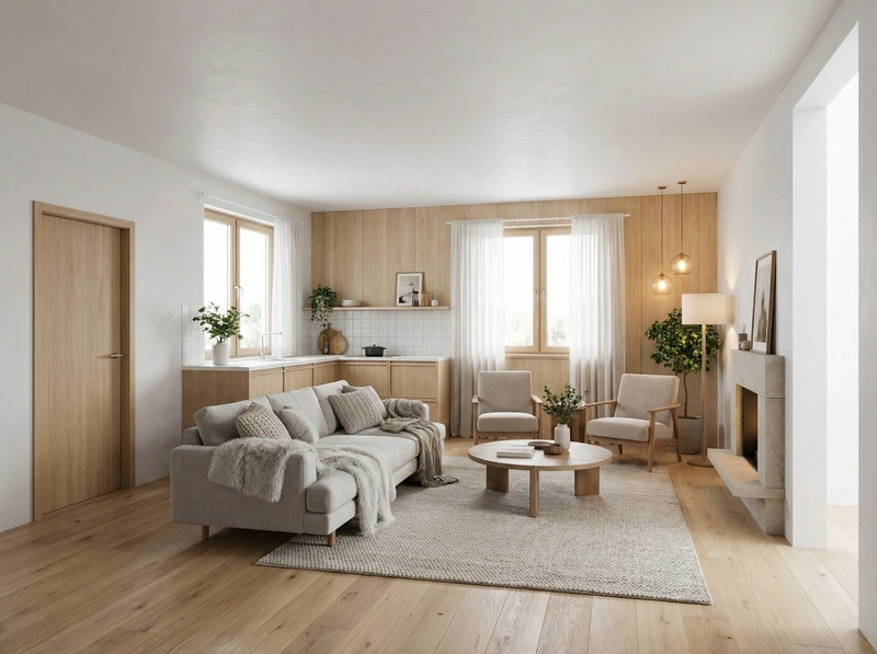 Дизайн гостиной в стиле Хюгге — фото интерьера от нейросети RoomGPT