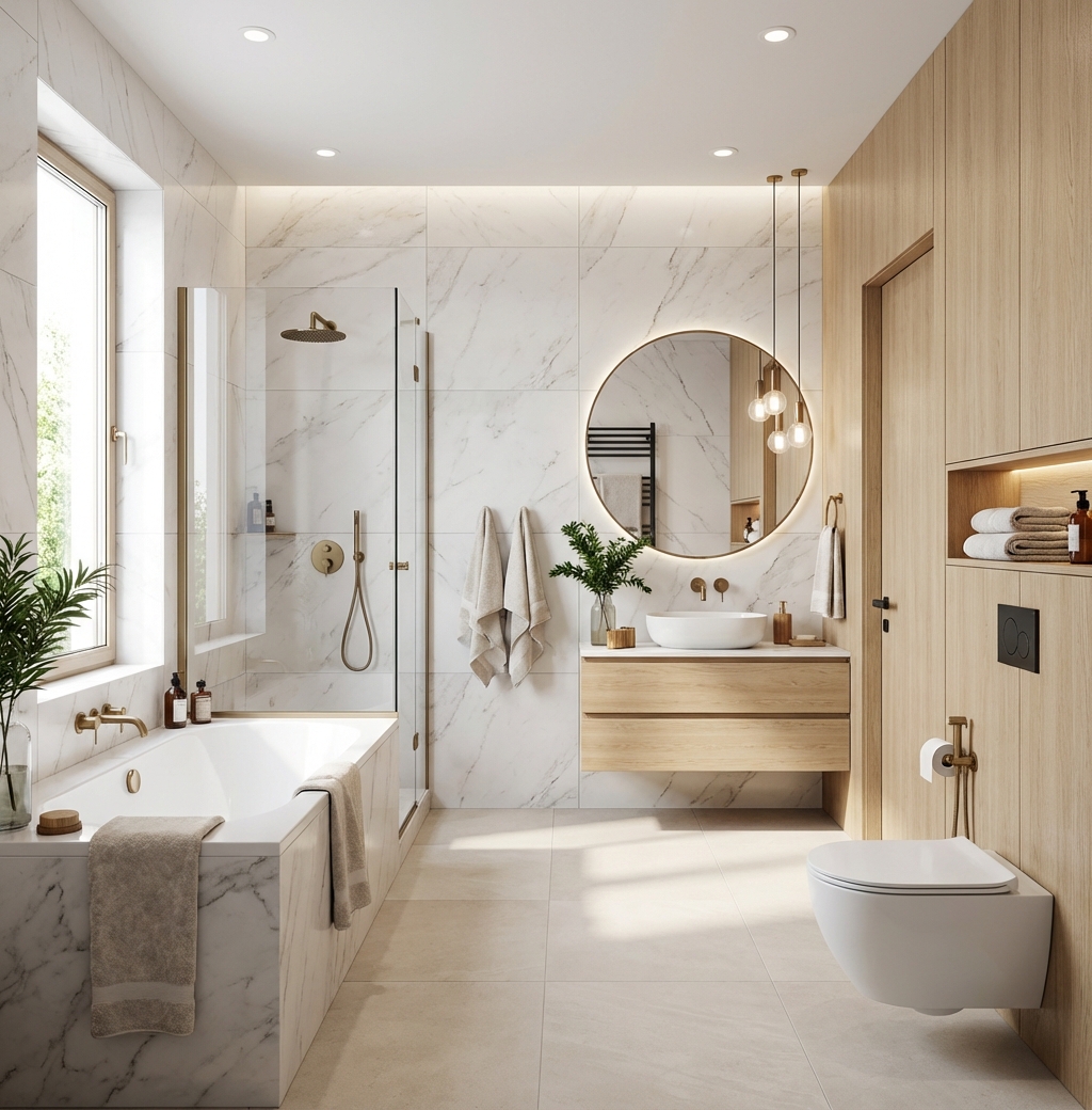 Дизайн ванной в стиле Сканди — фото интерьера от нейросети RoomGPT