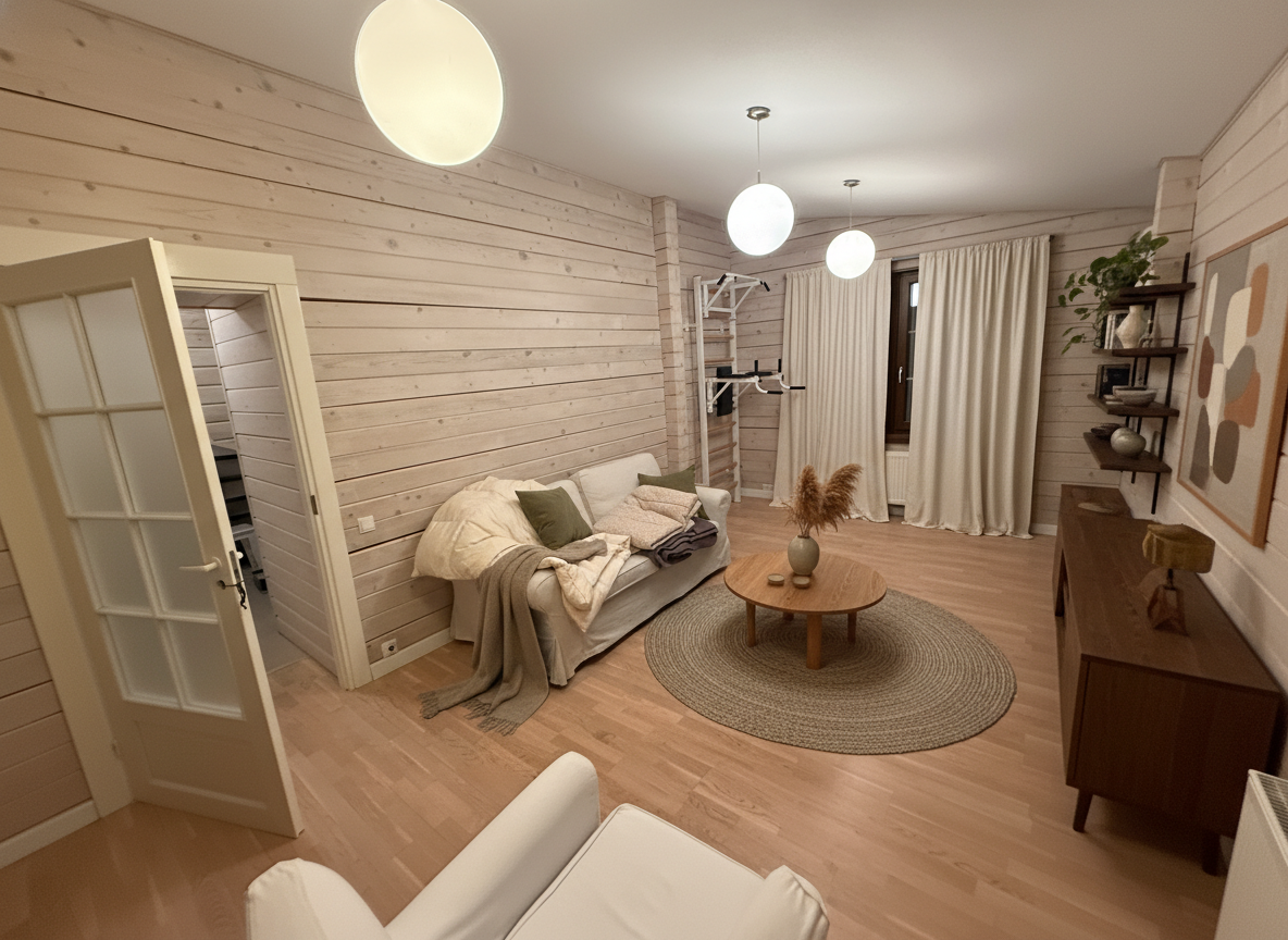 Дизайн гостиной в стиле Japandi — фото интерьера от нейросети RoomGPT