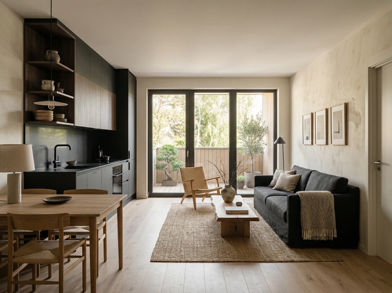 Дизайн гостиной в стиле Japandi — фото интерьера от нейросети RoomGPT