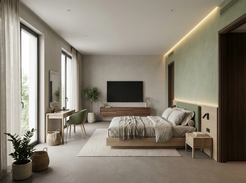 Дизайн спальни в стиле Japandi — фото интерьера от нейросети RoomGPT