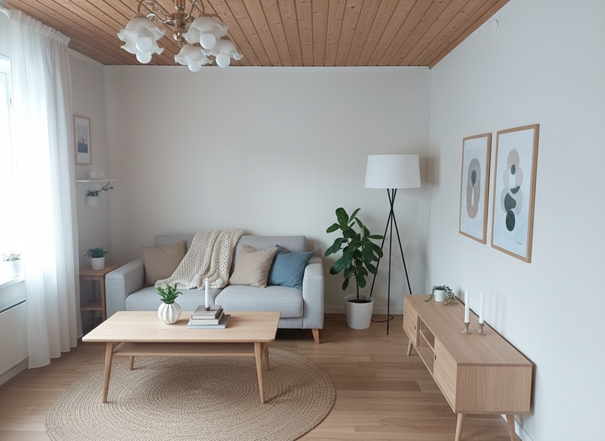 Дизайн гостиной в стиле Хюгге — фото интерьера от нейросети RoomGPT