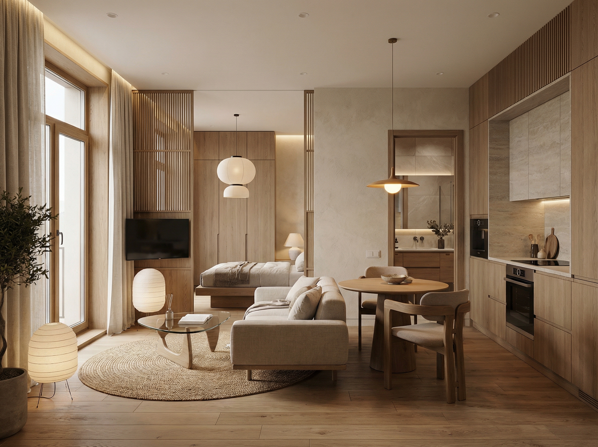 Дизайн гостиной в стиле Japandi — фото интерьера от нейросети RoomGPT