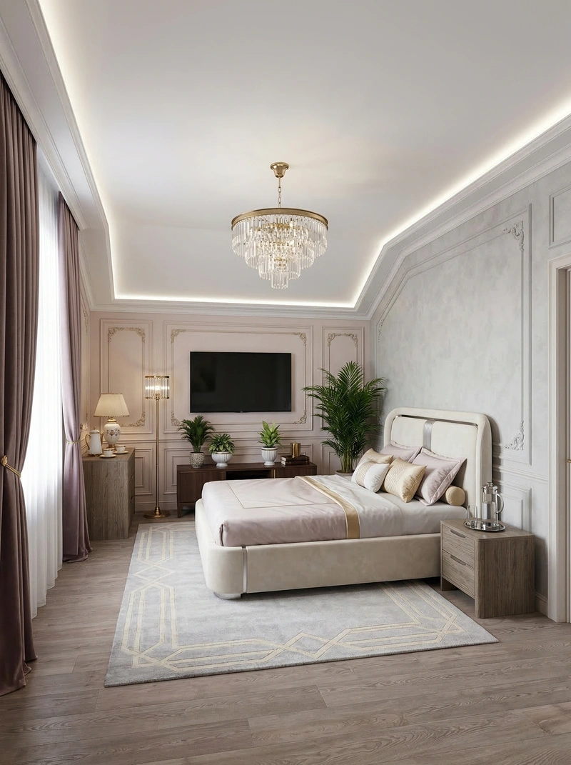 Дизайн спальни в стиле Неоклассика — фото интерьера от нейросети RoomGPT
