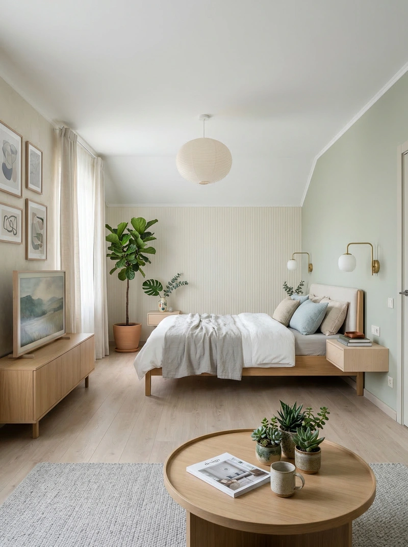 Дизайн спальни в стиле Сканди — фото интерьера от нейросети RoomGPT
