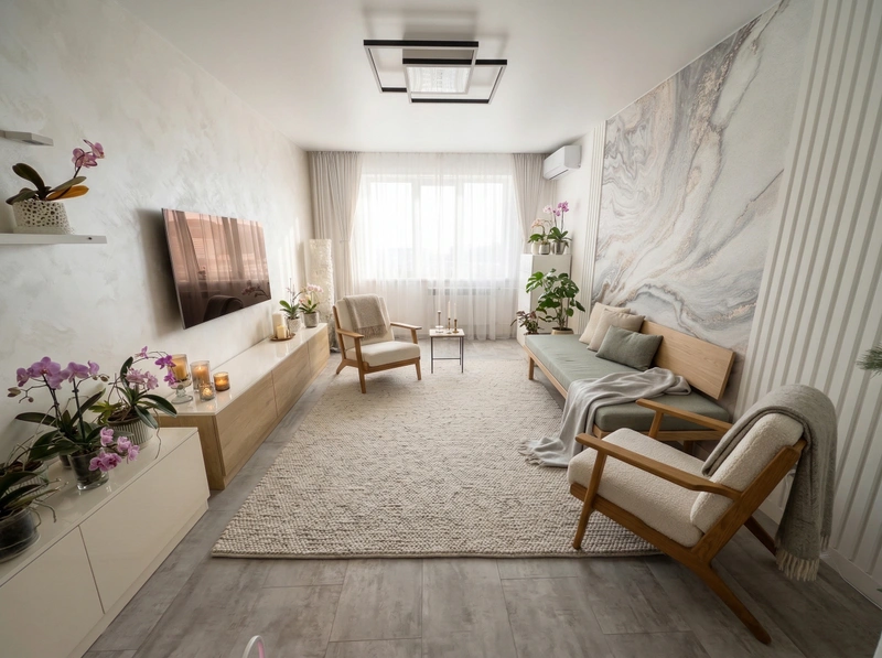 Дизайн гостиной в стиле Хюгге — фото интерьера от нейросети RoomGPT