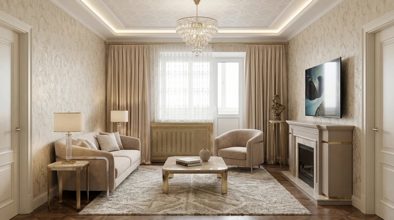 Дизайн гостиной в стиле Неоклассика — фото интерьера от нейросети RoomGPT