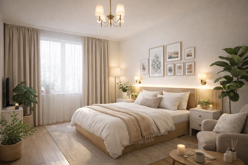 Дизайн спальни в стиле Сканди — фото интерьера от нейросети RoomGPT