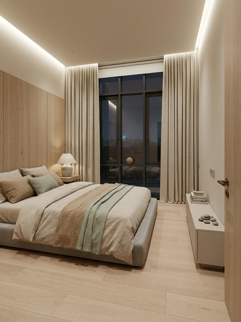 Дизайн спальни в стиле Japandi — фото интерьера от нейросети RoomGPT