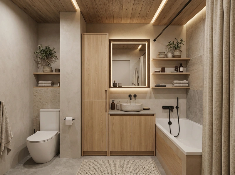 Дизайн ванной в стиле Japandi — фото интерьера от нейросети RoomGPT