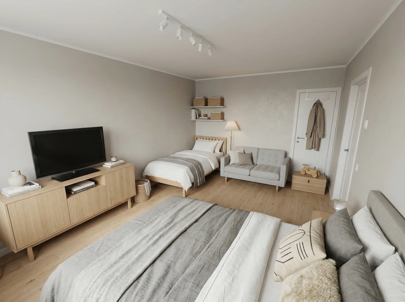 Дизайн спальни в стиле Сканди — фото интерьера от нейросети RoomGPT