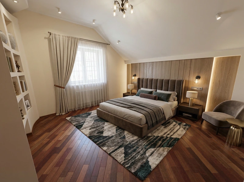 Дизайн спальни в стиле Контемпорари — фото интерьера от нейросети RoomGPT