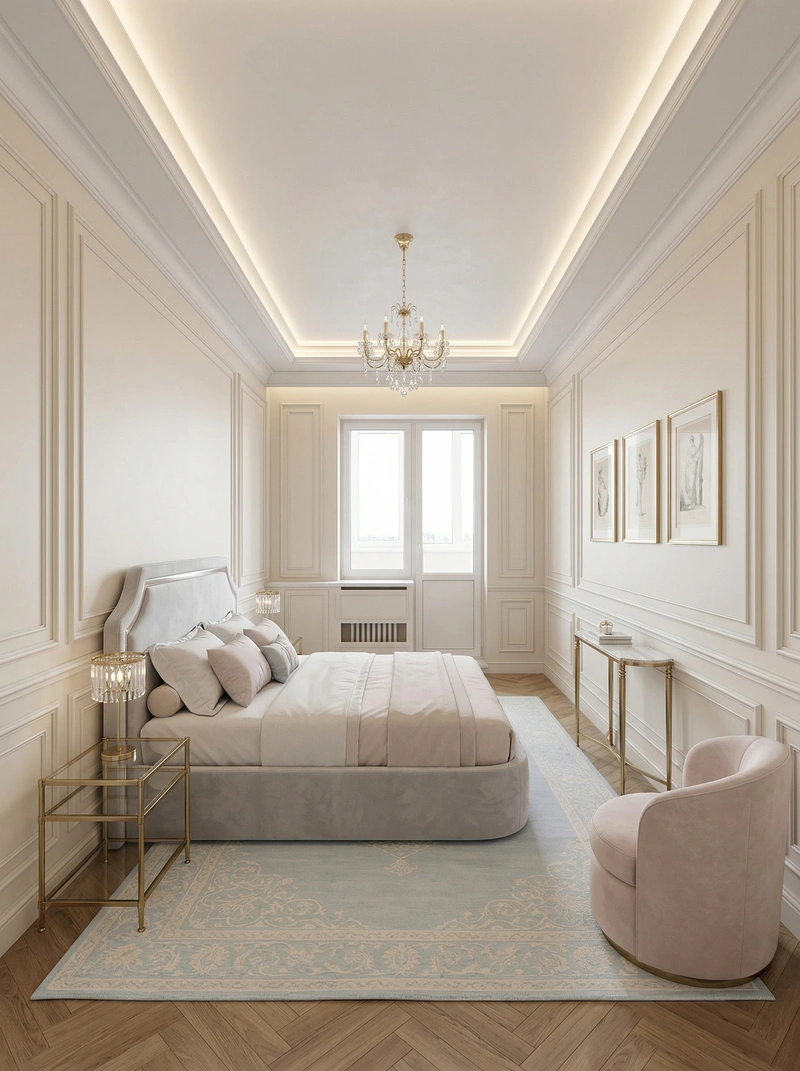 Дизайн спальни в стиле Неоклассика — фото интерьера от нейросети RoomGPT