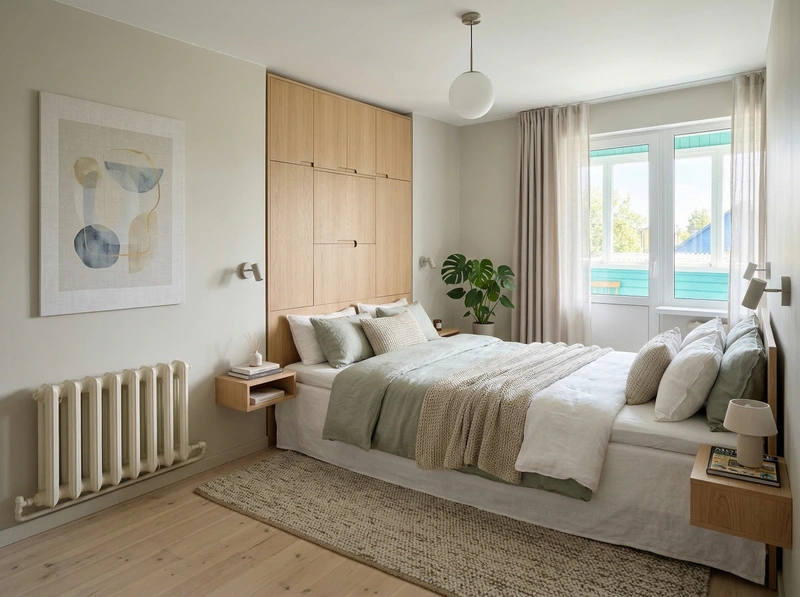 Дизайн спальни в стиле Сканди — фото интерьера от нейросети RoomGPT