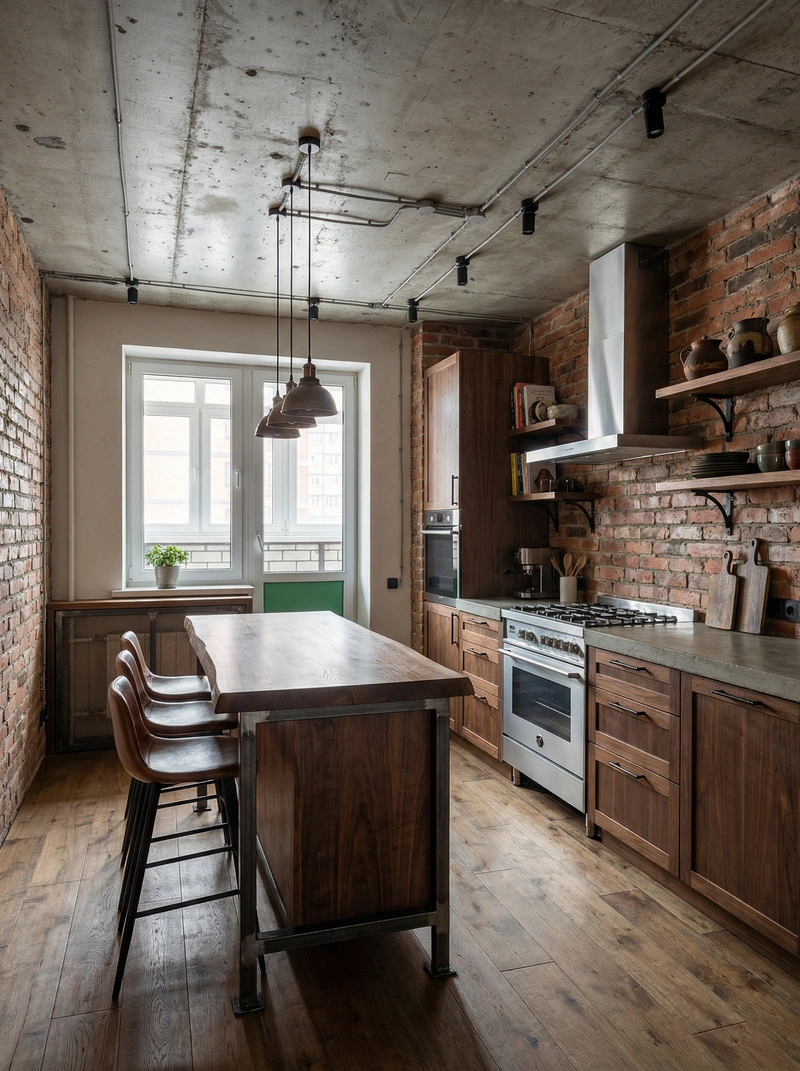 Дизайн интерьера в стиле Лофт — Кухня от нейросети RoomGPT