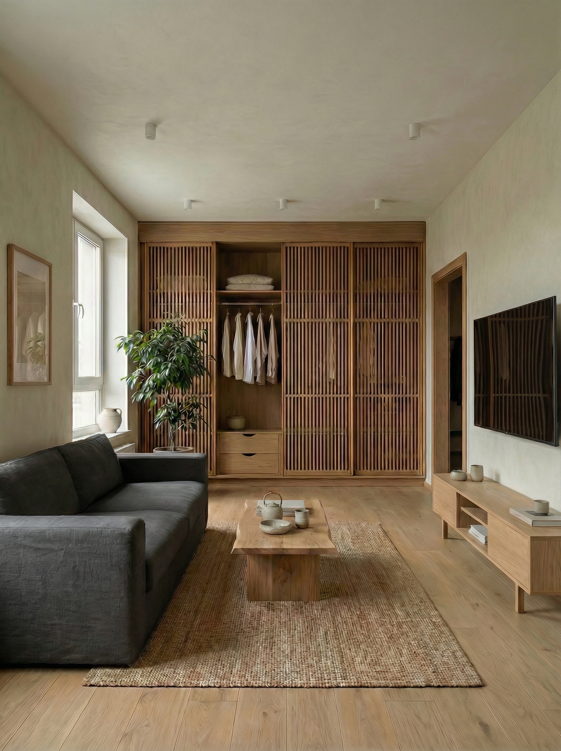 Дизайн гостиной в стиле Japandi — фото интерьера от нейросети RoomGPT