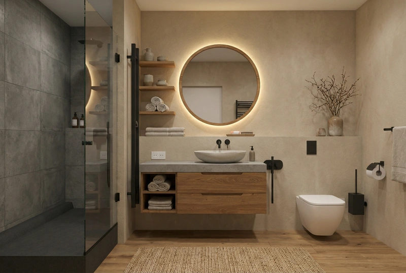 Дизайн ванной в стиле Japandi — фото интерьера от нейросети RoomGPT