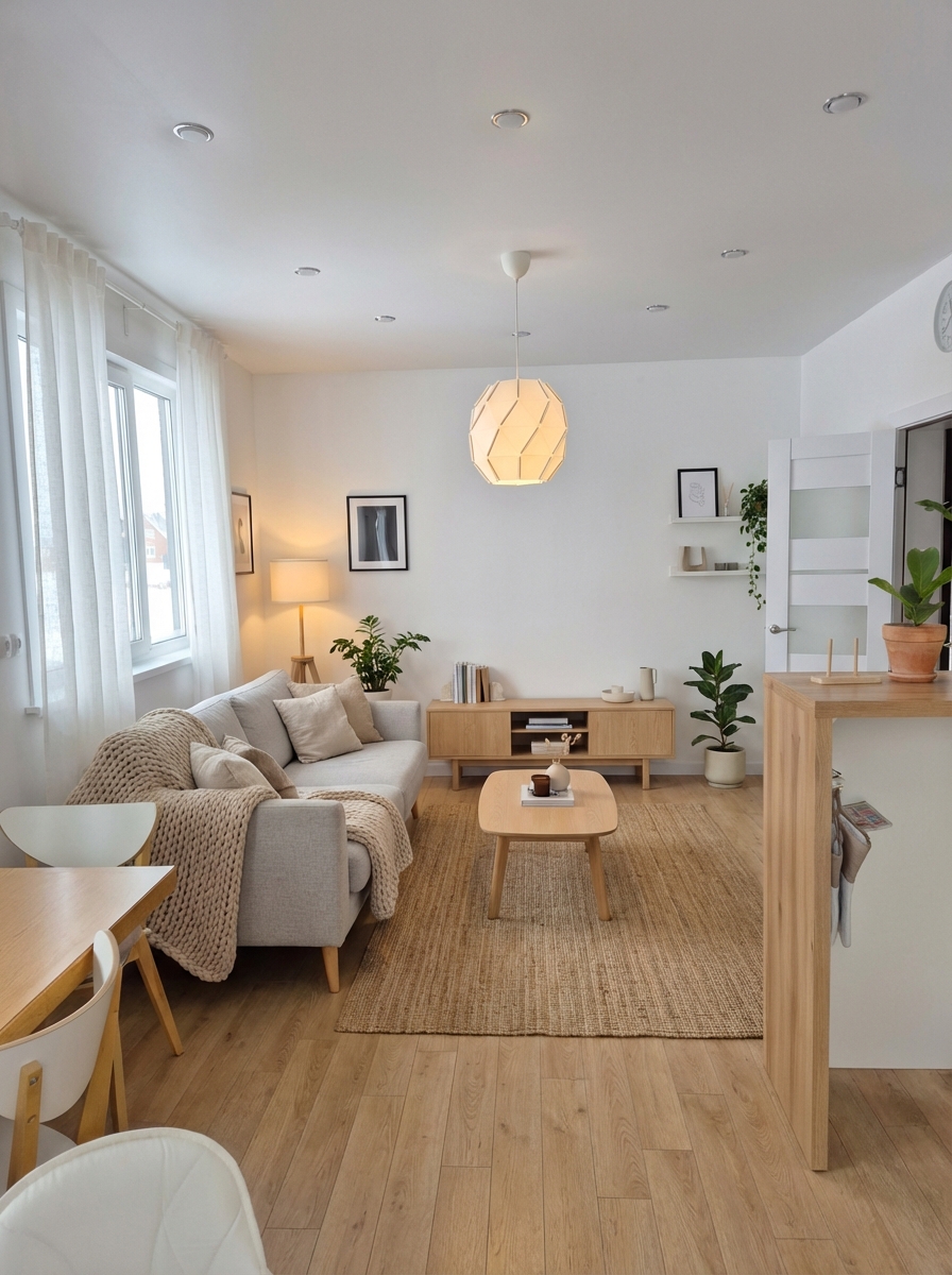 Дизайн гостиной в стиле Хюгге — фото интерьера от нейросети RoomGPT