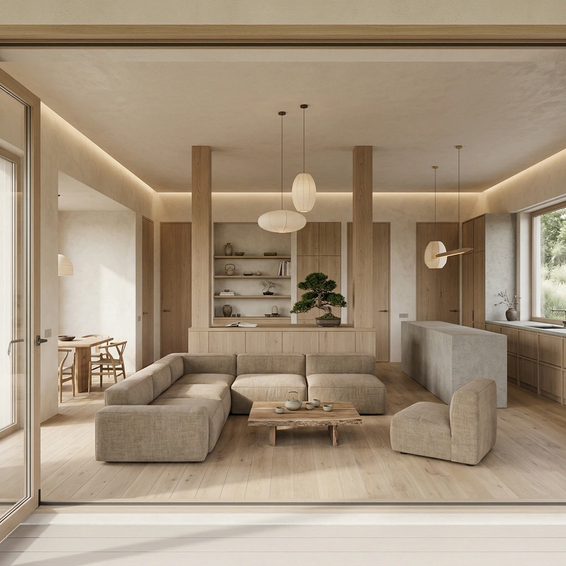 Дизайн гостиной в стиле Japandi — фото интерьера от нейросети RoomGPT