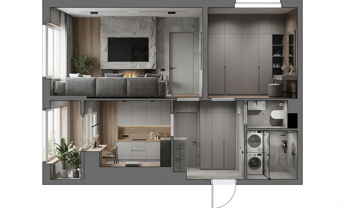 Дизайн гостиной в стиле Japandi — фото интерьера от нейросети RoomGPT